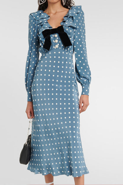 Polar-dot Chiffon Slim-fit Short-sleeve Long Dress