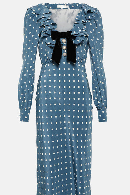 Polar-dot Chiffon Slim-fit Short-sleeve Long Dress
