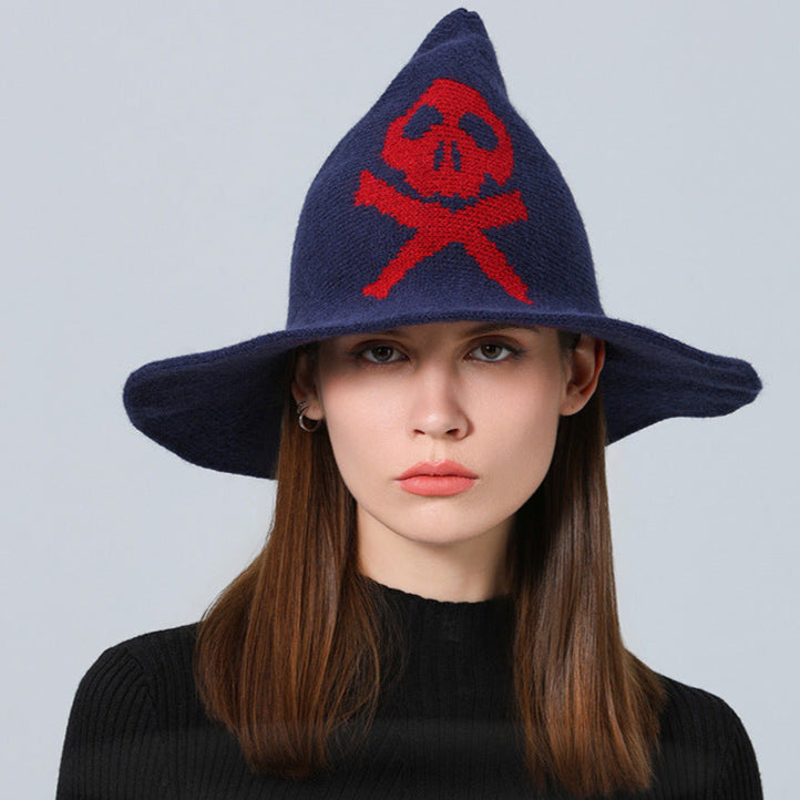 Skull Witch Hat, Wool Knitted Face-Covered Witch Hat