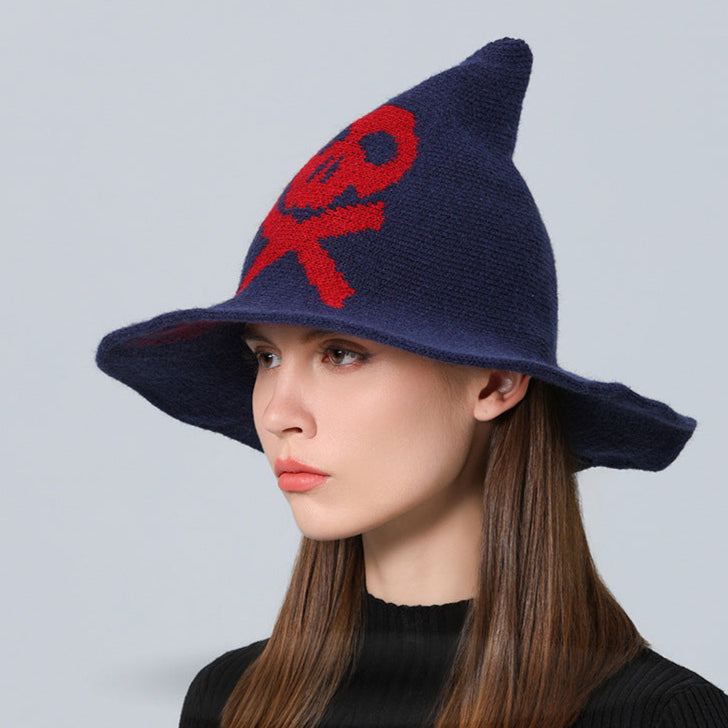 Skull Witch Hat, Wool Knitted Face-Covered Witch Hat