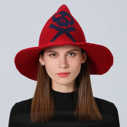 Skull Witch Hat, Wool Knitted Face-Covered Witch Hat