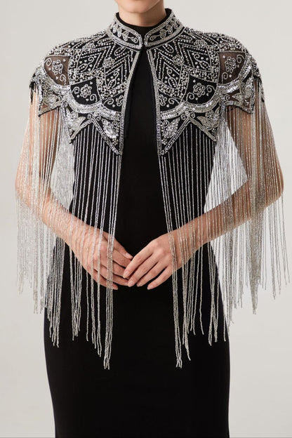 Sequin Beaded Dress Shawl, Vintage Fringed Cape