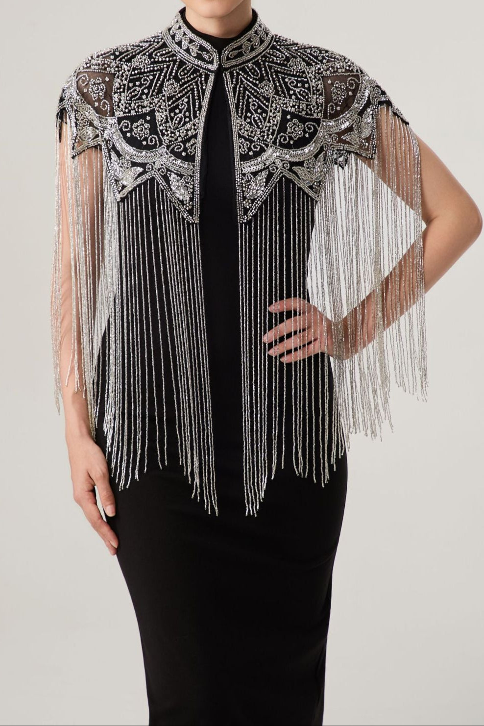 Sequin Beaded Dress Shawl, Vintage Fringed Cape