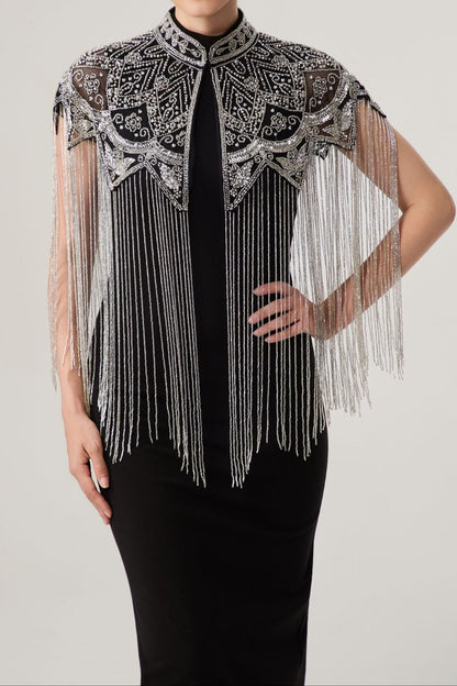 Sequin Beaded Dress Shawl, Vintage Fringed Cape