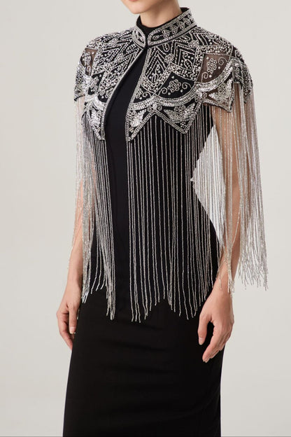 Sequin Beaded Dress Shawl, Vintage Fringed Cape