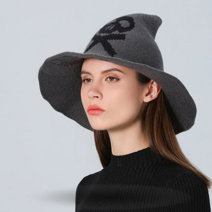 Skull Witch Hat, Wool Knitted Face-Covered Witch Hat