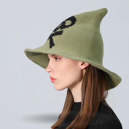 Skull Witch Hat, Wool Knitted Face-Covered Witch Hat