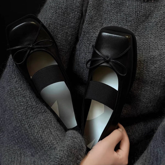 Square Toe Mary Jane Shoes With Vintage Ballet Bow Platform