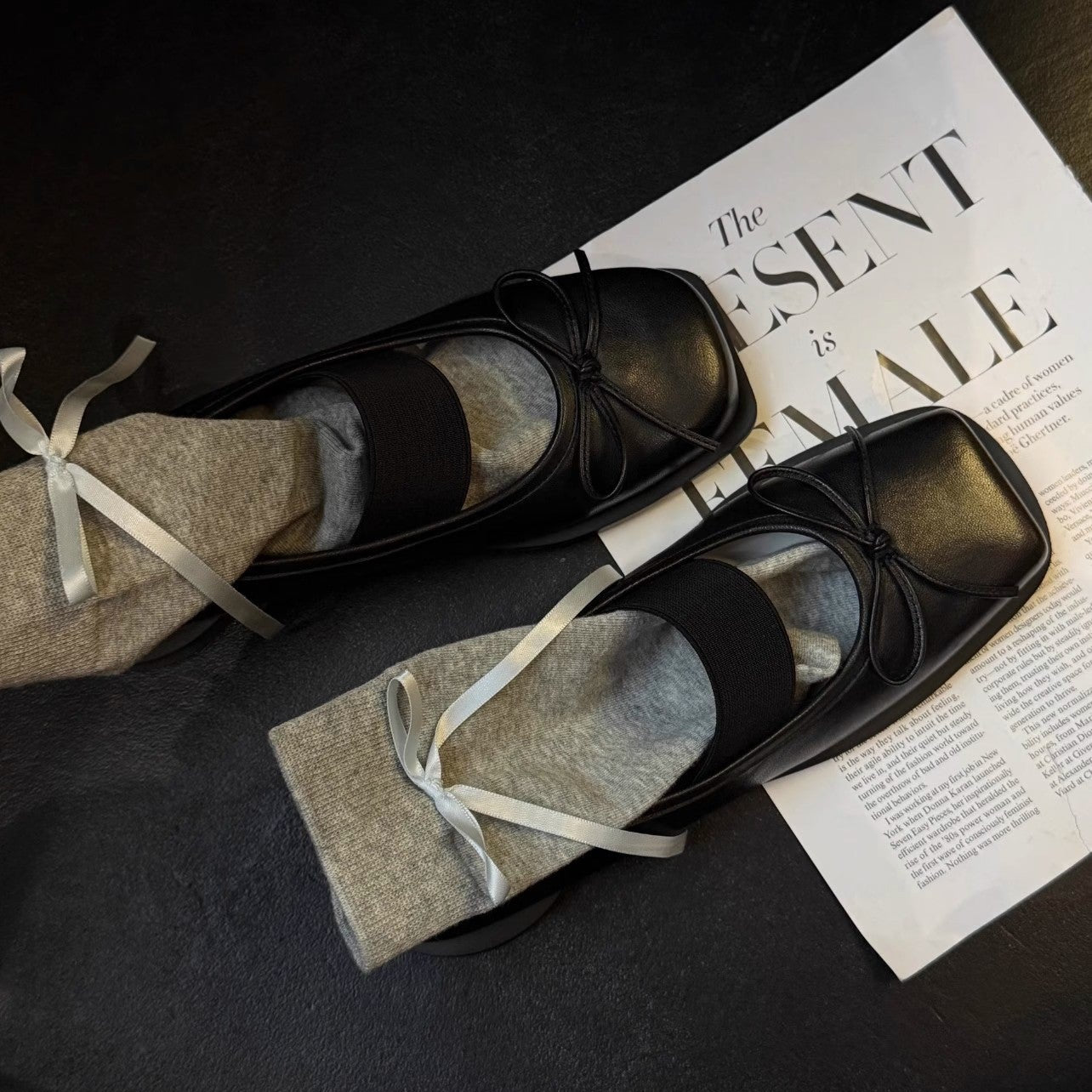 Square Toe Mary Jane Shoes With Vintage Ballet Bow Platform