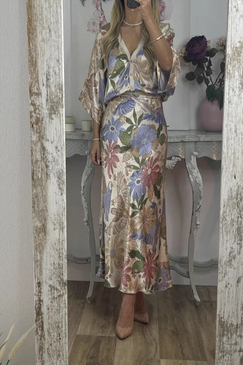 Temperament Home Satin Print Short Sleeve Skirt Suit
