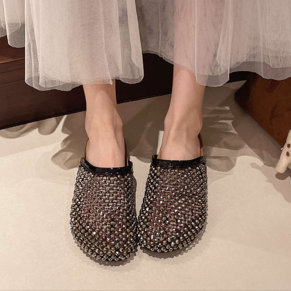 Rhinestone Mesh Slippers
