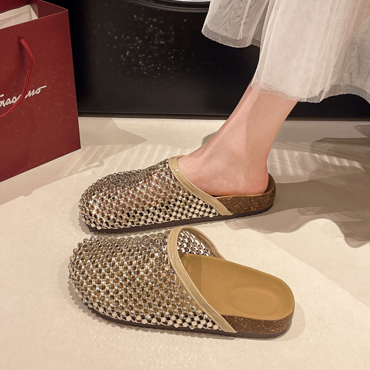 Rhinestone Mesh Slippers