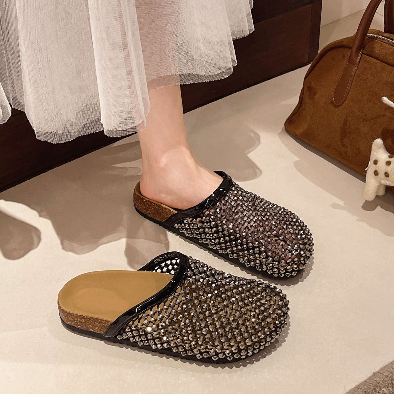 Rhinestone Mesh Slippers