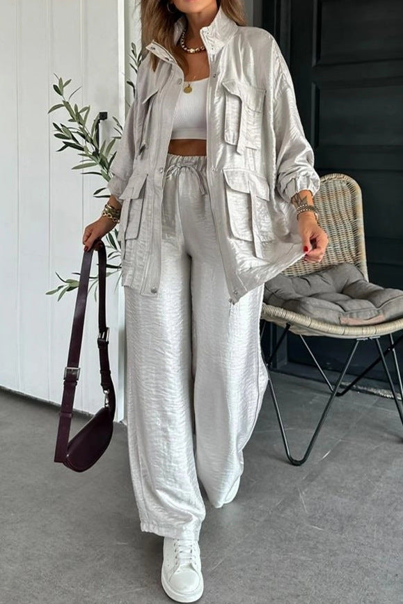Straight Trousers, Solid Color Fashion Long Sleeve Jacket Two-piece