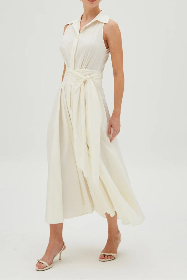 Fake Two-piece Long Dress V-neck Sleeveless Solid Color Tight Waist Dress