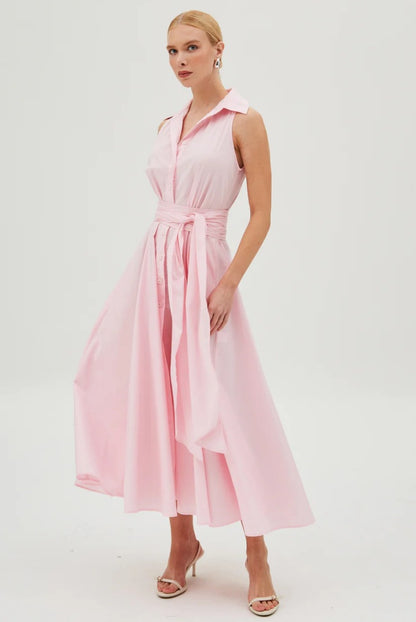 Fake Two-piece Long Dress V-neck Sleeveless Solid Color Tight Waist Dress