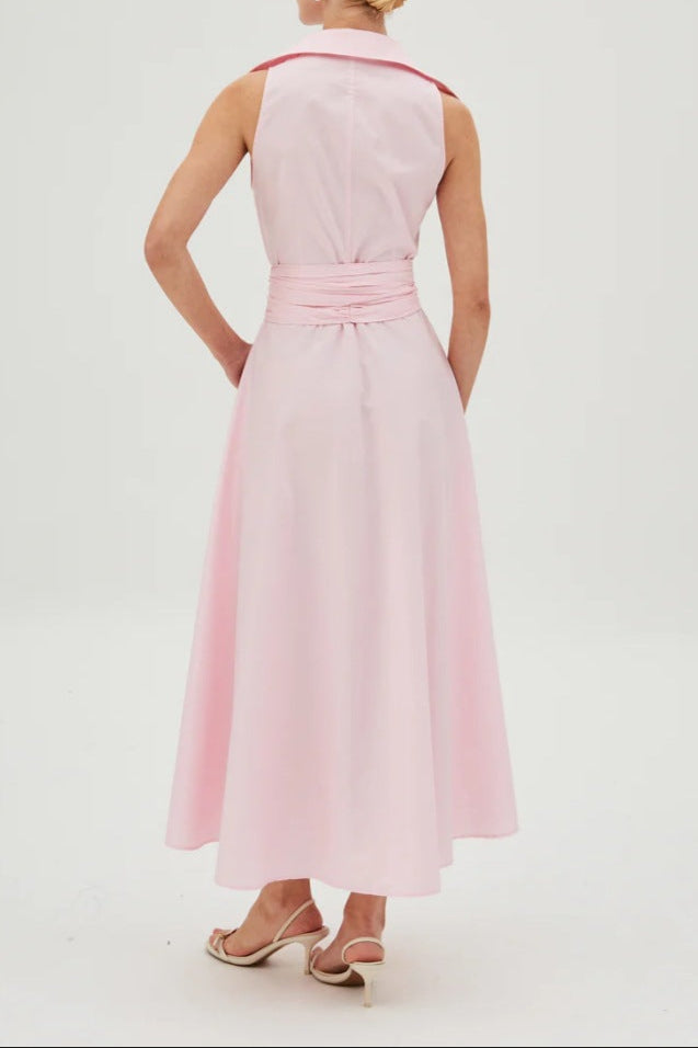 Fake Two-piece Long Dress V-neck Sleeveless Solid Color Tight Waist Dress