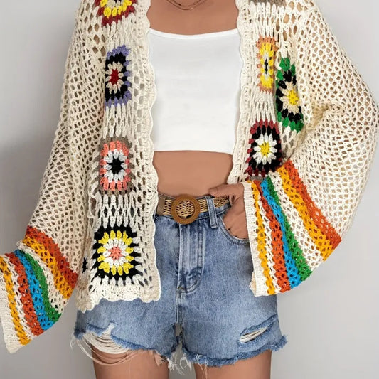 Ethnic Vintage Crochet Rainbow Long Sleeve Cardigan