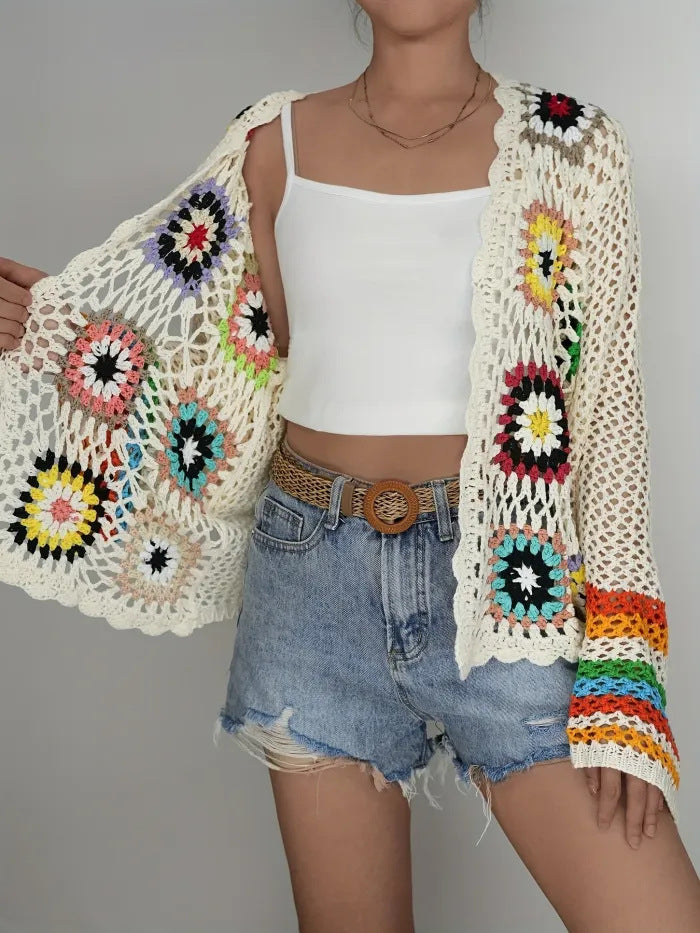 Ethnic Vintage Crochet Rainbow Long Sleeve Cardigan