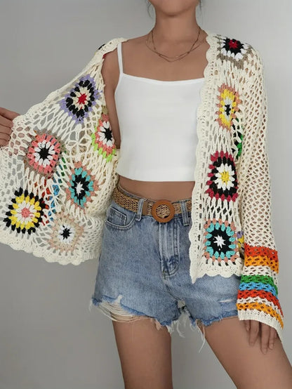 Ethnic Vintage Crochet Rainbow Long Sleeve Cardigan
