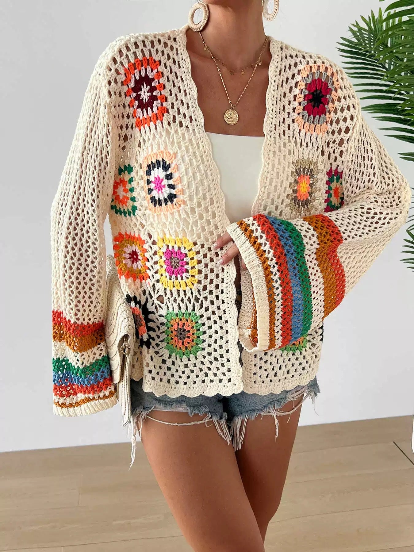 Ethnic Vintage Crochet Rainbow Long Sleeve Cardigan