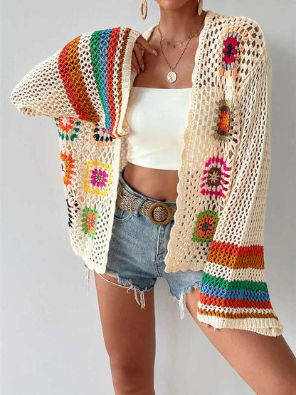 Ethnic Vintage Crochet Rainbow Long Sleeve Cardigan