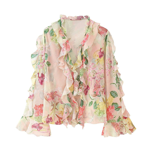 Simple Floral Print Laminated Long Sleeve Shirt