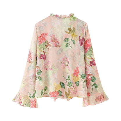 Simple Floral Print Laminated Long Sleeve Shirt