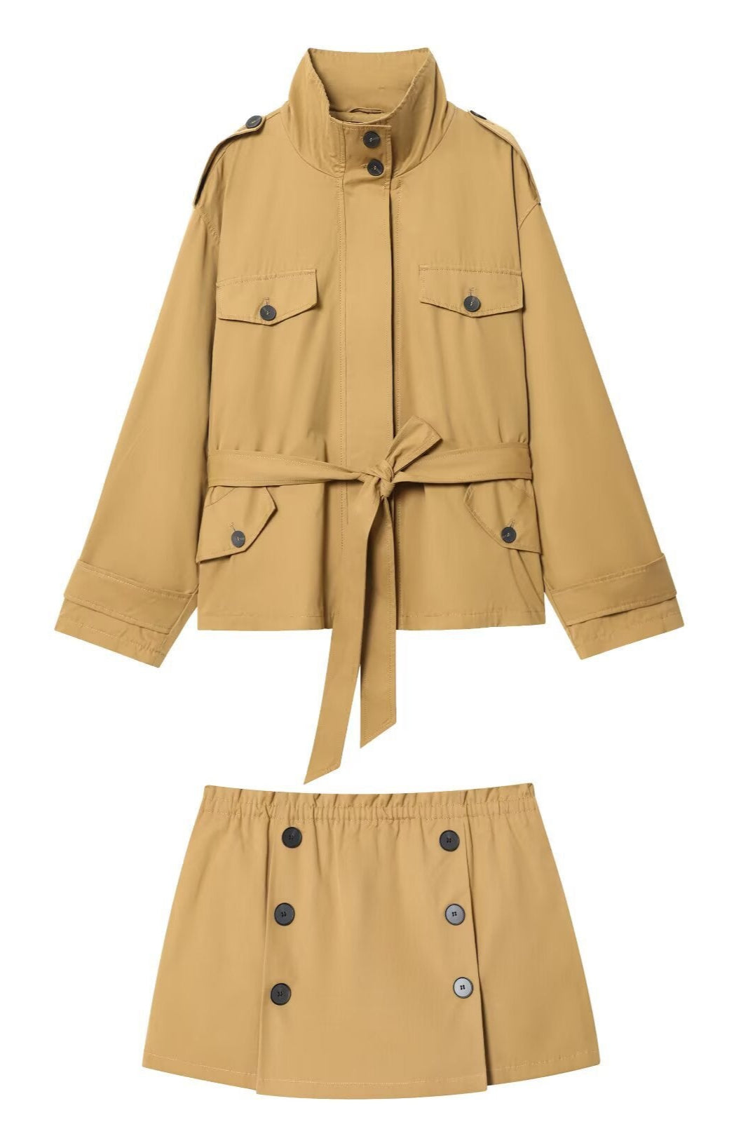 Short Trench Coat Jacket With Button-down Culottes Suit