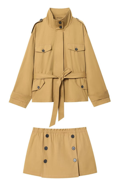 Short Trench Coat Jacket With Button-down Culottes Suit