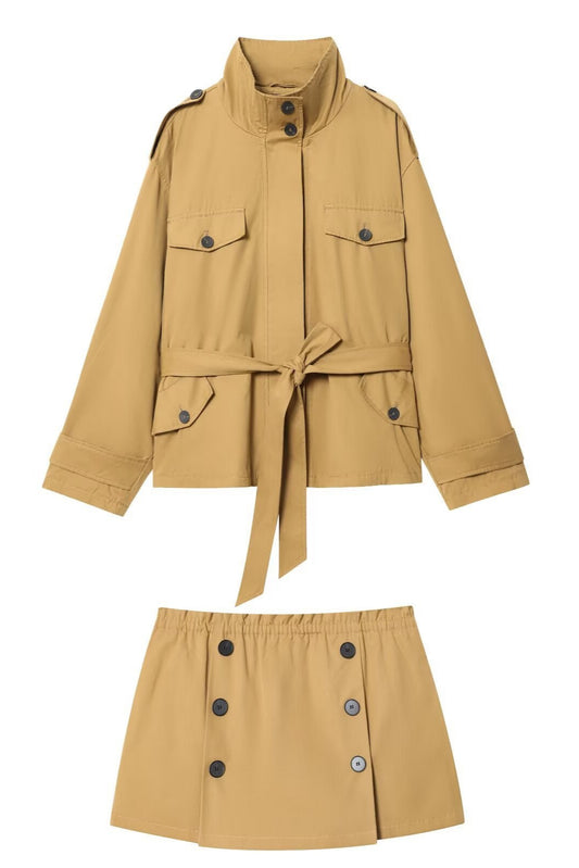 Short Trench Coat Jacket With Button-down Culottes Suit