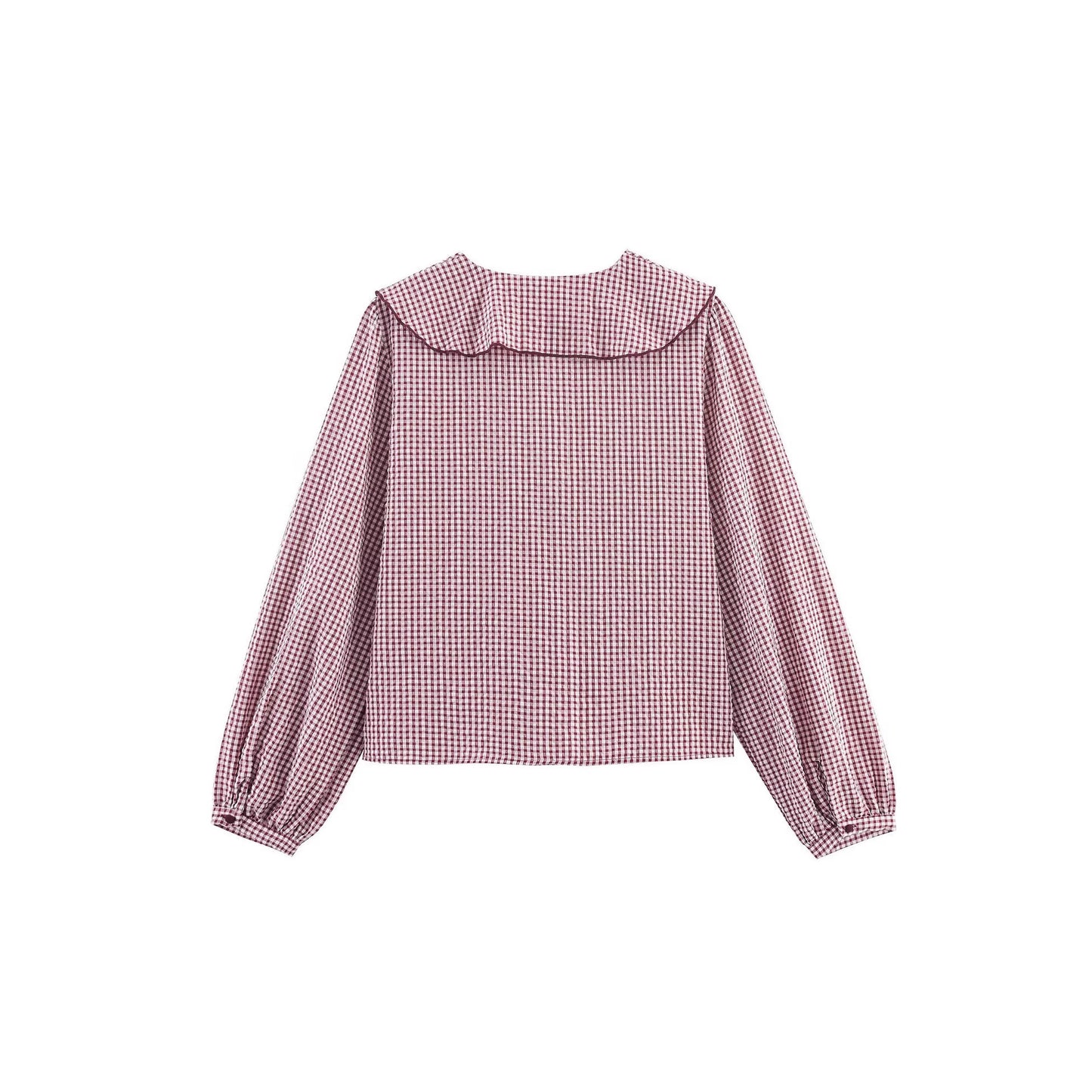 Doll Collar Check Shirt, French Style Design Long Sleeve Shirt