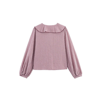 Doll Collar Check Shirt, French Style Design Long Sleeve Shirt