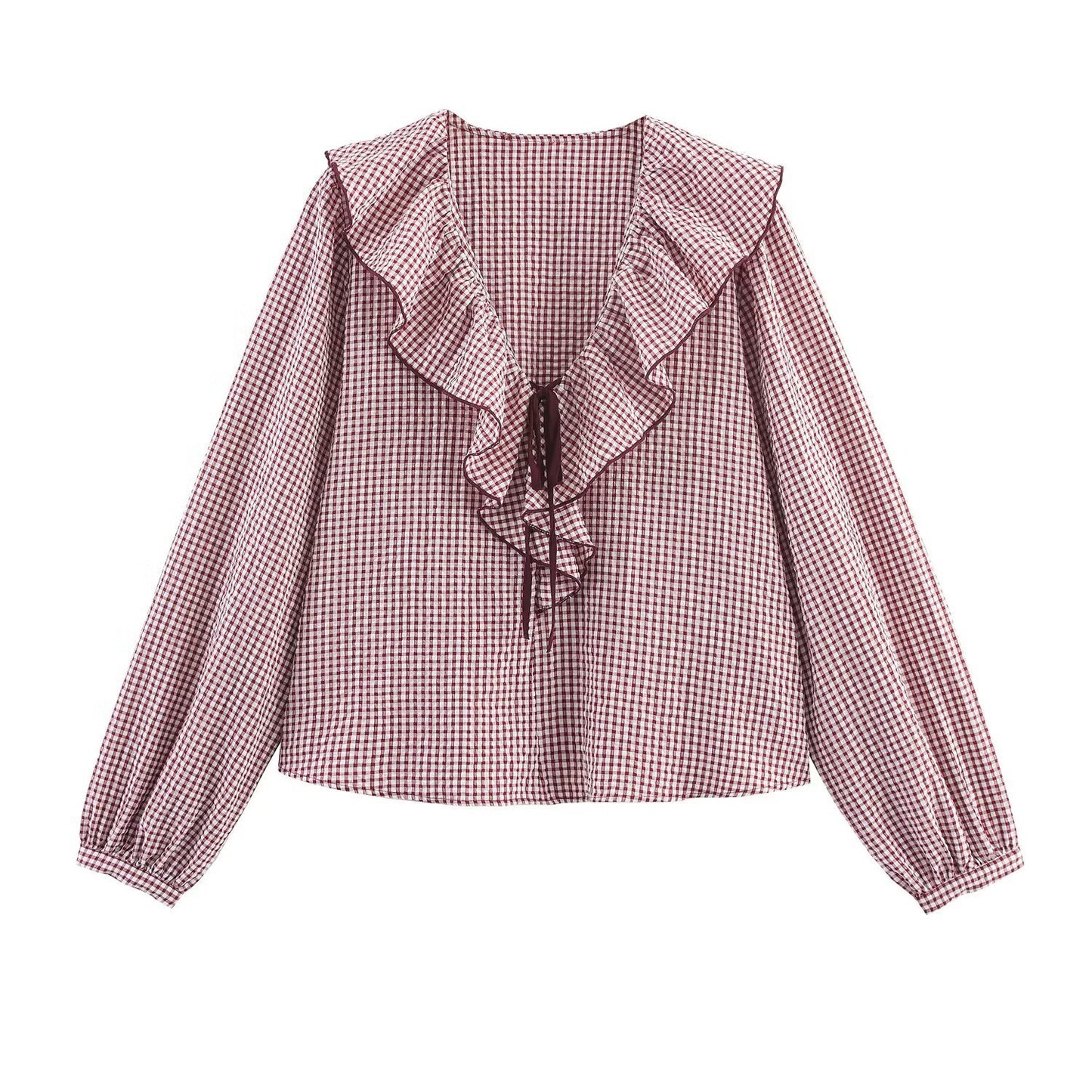 Doll Collar Check Shirt, French Style Design Long Sleeve Shirt