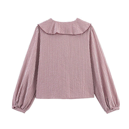 Doll Collar Check Shirt, French Style Design Long Sleeve Shirt