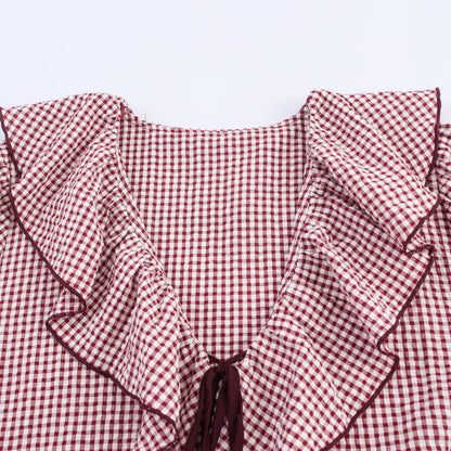 Doll Collar Check Shirt, French Style Design Long Sleeve Shirt