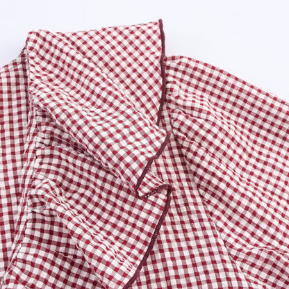 Doll Collar Check Shirt, French Style Design Long Sleeve Shirt