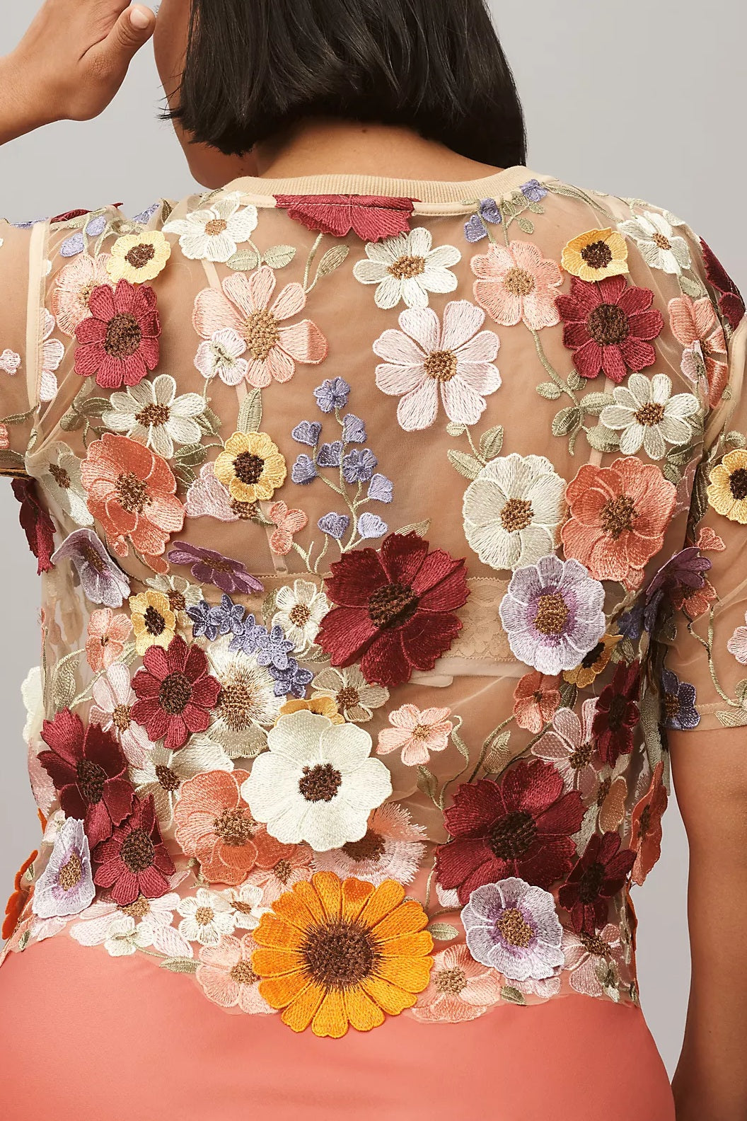 Women's Embroidered 3D Floral Blouse Short Sleeve Crew Neck