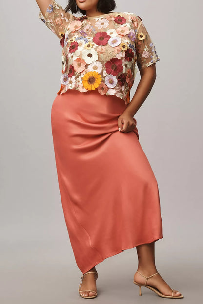 Women's Embroidered 3D Floral Blouse Short Sleeve Crew Neck