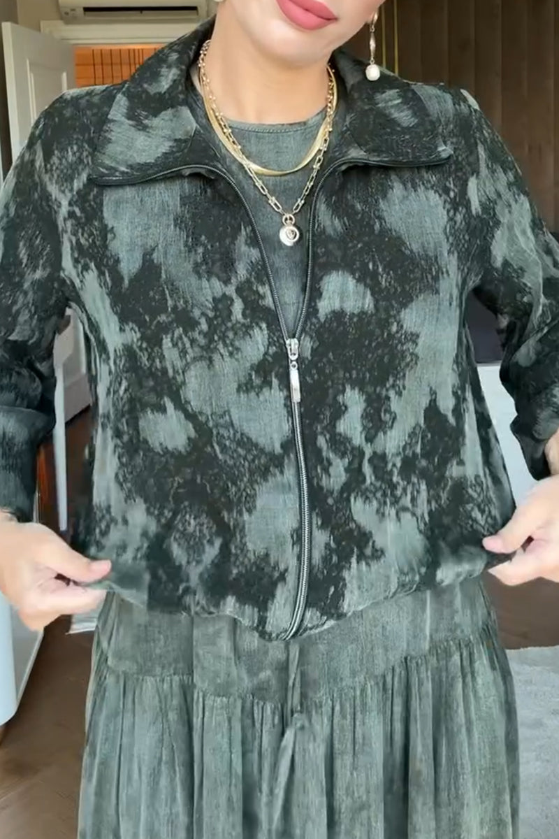 Dark Green Pattern Zipper Jacket
