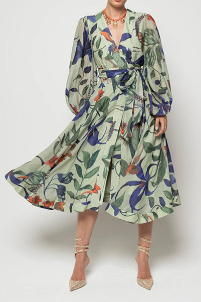 Green Blue Gradient Print Long Sleeve Dress