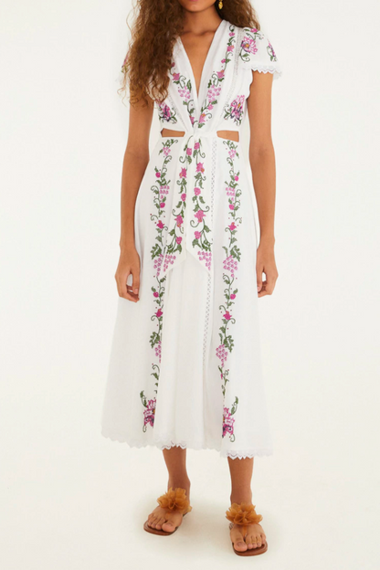 Fresh And Simple Waist-exposed Floral White Dress