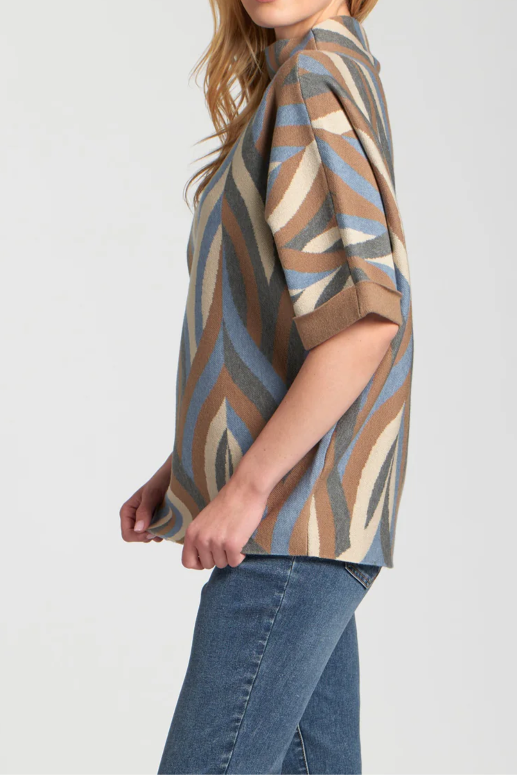Blue And Brown Mixed Color Pattern Short Sleeve Sweater