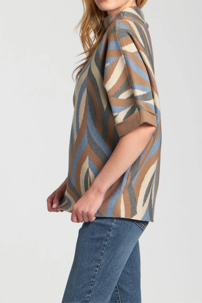 Blue And Brown Mixed Color Pattern Short Sleeve Sweater