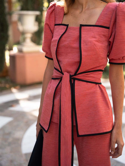 Square Collar Lace Up Two Pieces Set