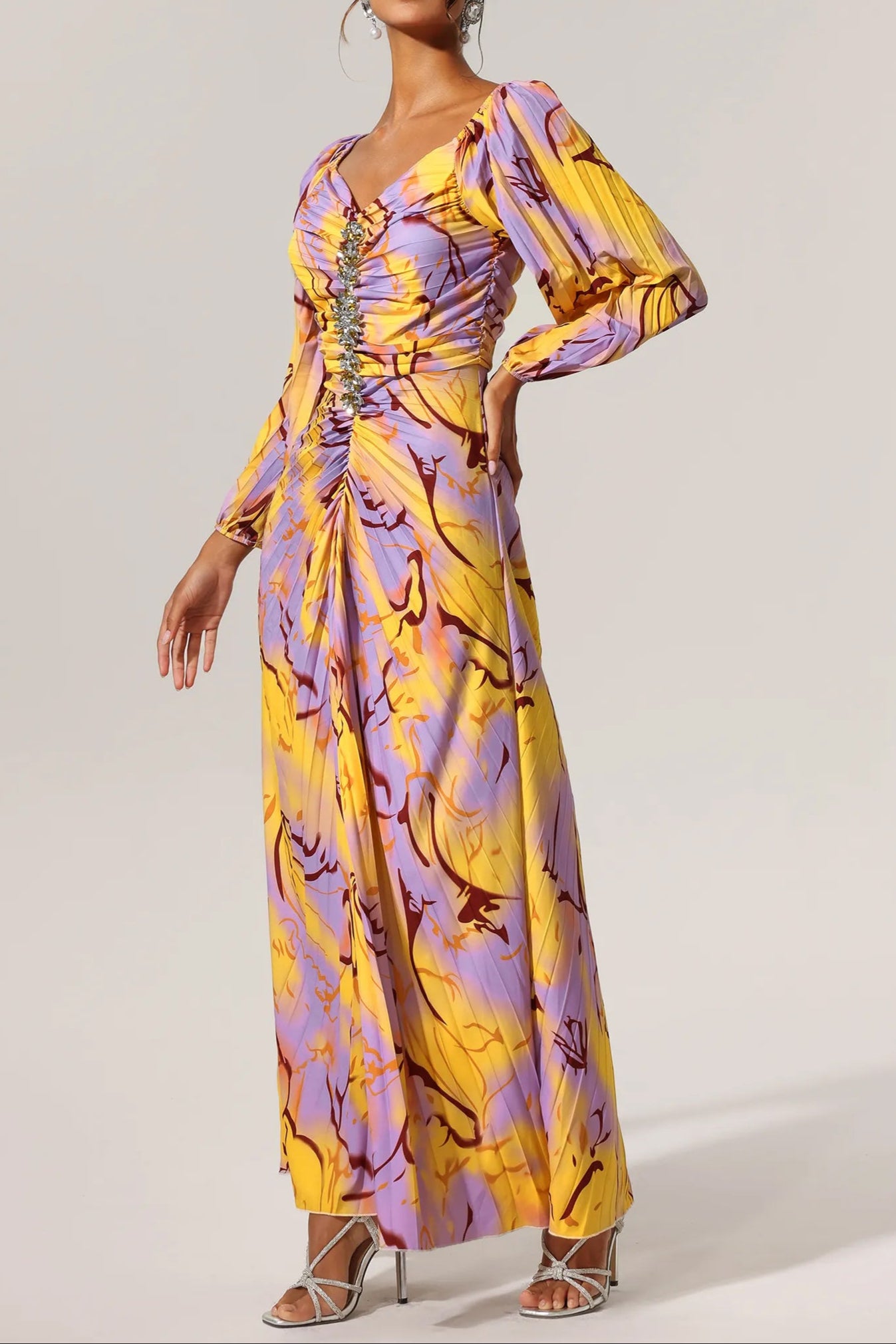 Diamond, Pleated Print, Long Sleeve Dress