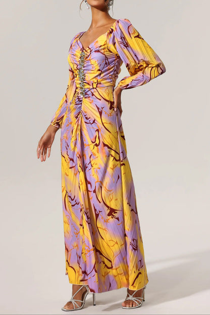 Diamond, Pleated Print, Long Sleeve Dress