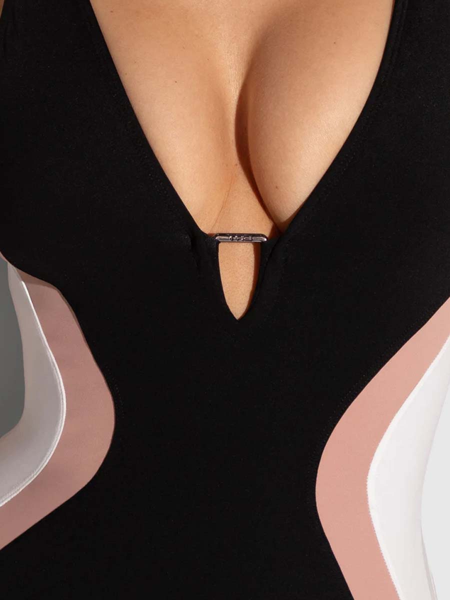 Color Block Deep V Neck Swimsuit