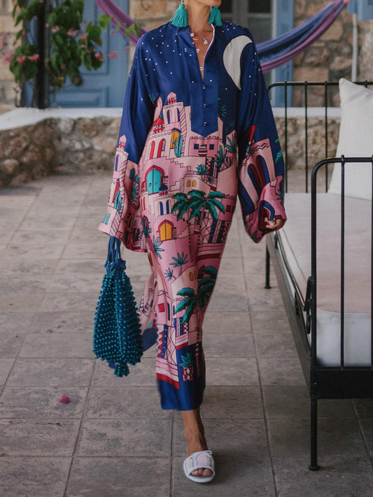 Printed Long Sleeve Stain Dress