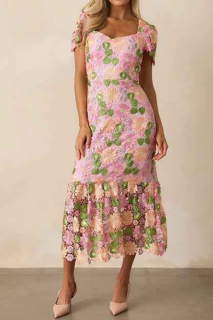 Embroidered Floral Hollow Long Dress